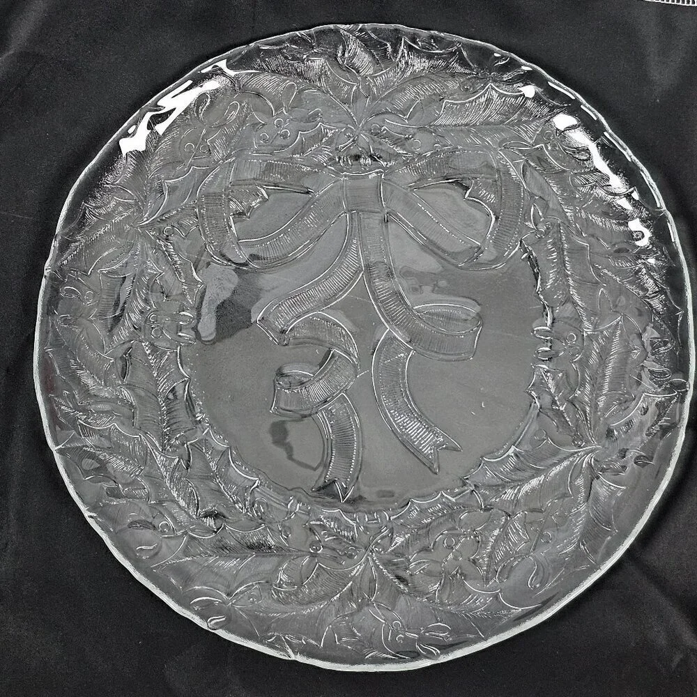 Arcoroc Vintage Clear Glass Christmas Holly Ribbon Cookie Serving Platter